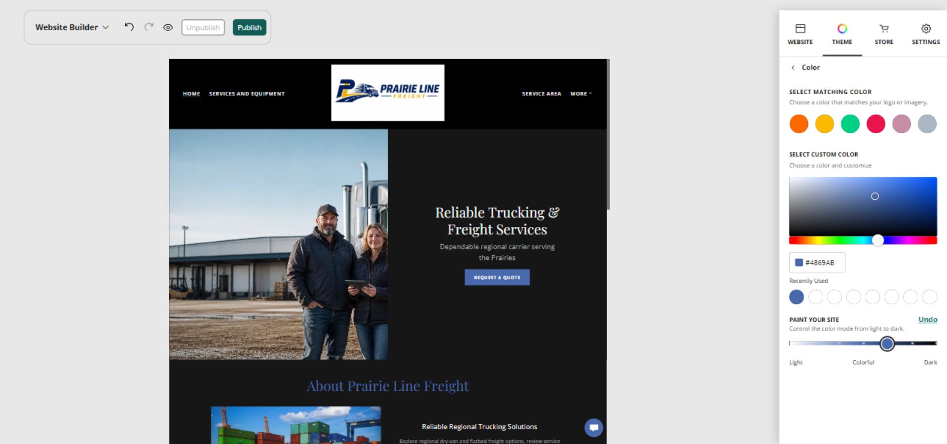 Prairie Line Freight home page and full Paint your site controls, position 5 of 7