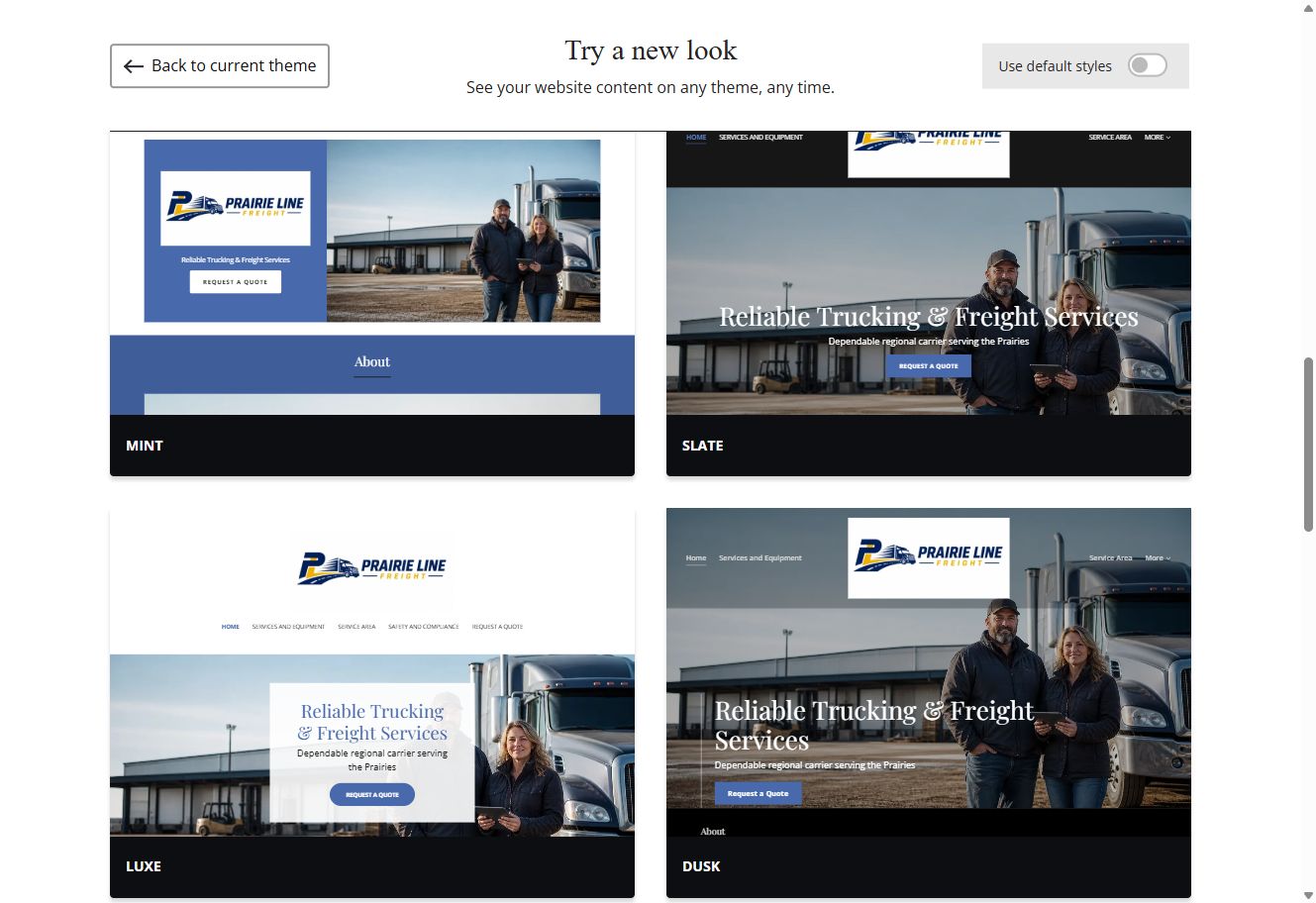 Mint, Slate, Luxe and Dusk Website Builder previews using Prairie Line Freight's selected colour