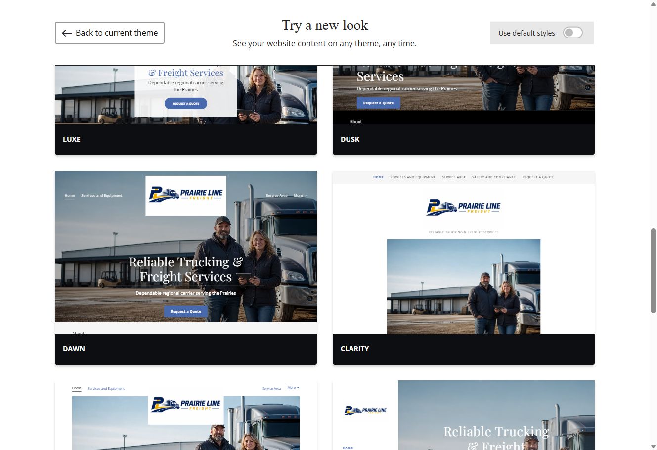 Luxe, Dusk, Dawn and Clarity Website Builder previews using Prairie Line Freight's selected colour