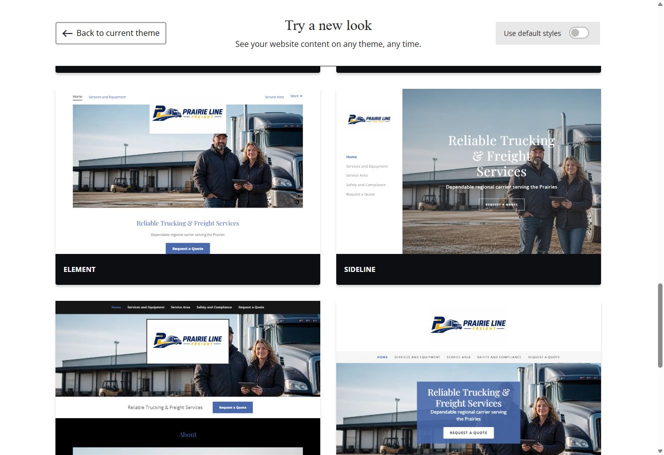 Element, Sideline, Retro and Trade Website Builder previews using Prairie Line Freight's selected colour