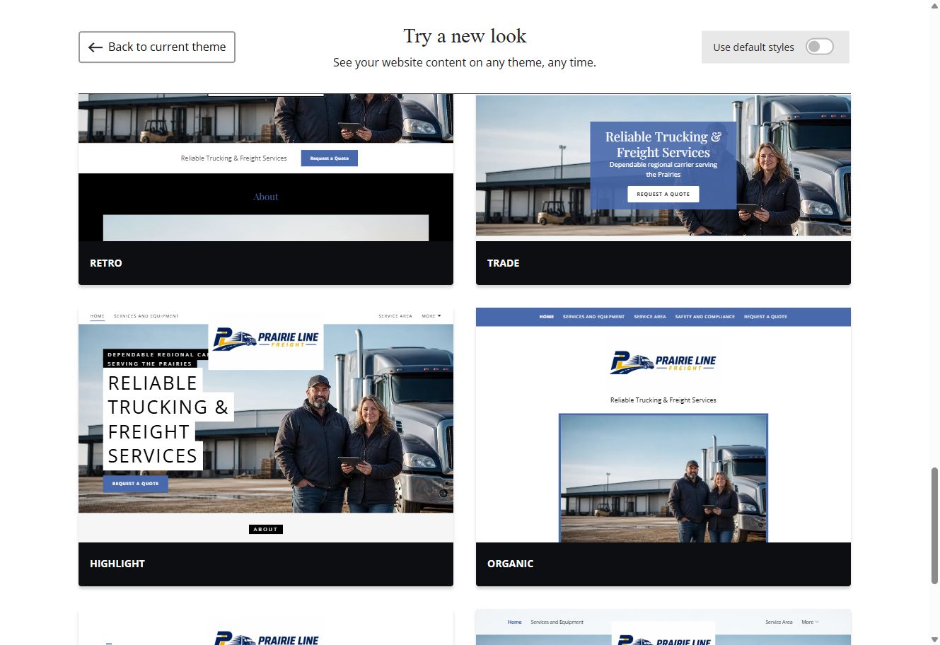 Retro, Trade, Highlight and Organic Website Builder previews using Prairie Line Freight's selected colour