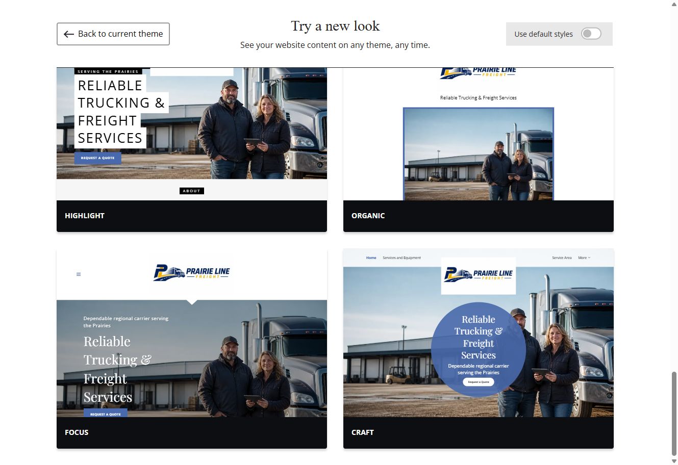 Highlight, Organic, Focus and Craft Website Builder previews using Prairie Line Freight's selected colour
