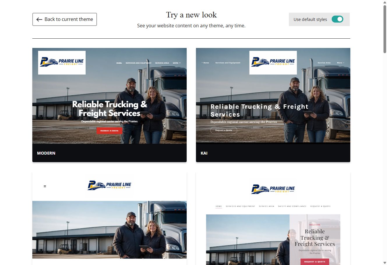 Modern, Kai, Libre and Bisque Website Builder previews using each theme's default styles