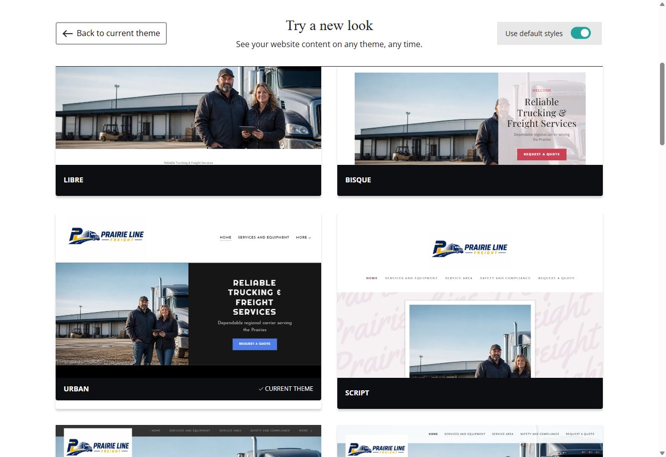 Libre, Bisque, Urban and Script Website Builder previews using each theme's default styles
