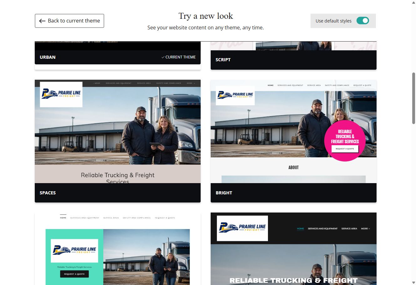 Spaces, Bright, Mint and Slate Website Builder previews using each theme's default styles