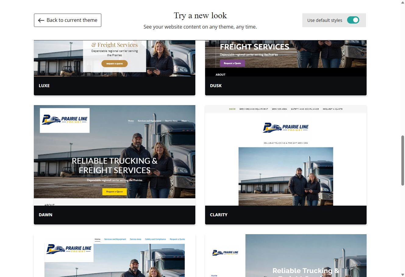 Luxe, Dusk, Dawn and Clarity Website Builder previews using each theme's default styles