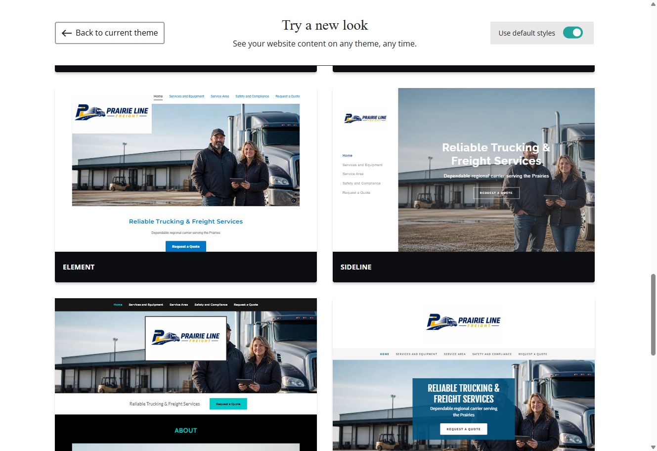 Element, Sideline, Retro and Trade Website Builder previews using each theme's default styles