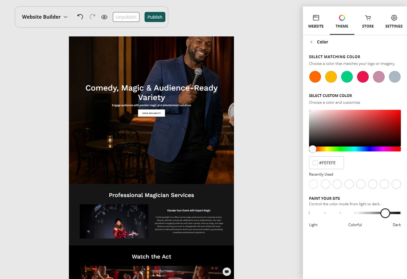 Website Builder theme and colour controls for Prairie Spotlight Live