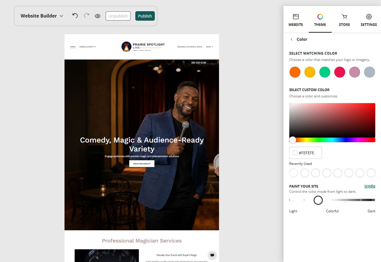 Prairie Spotlight Live home page in the Website Builder soft colour paint setting