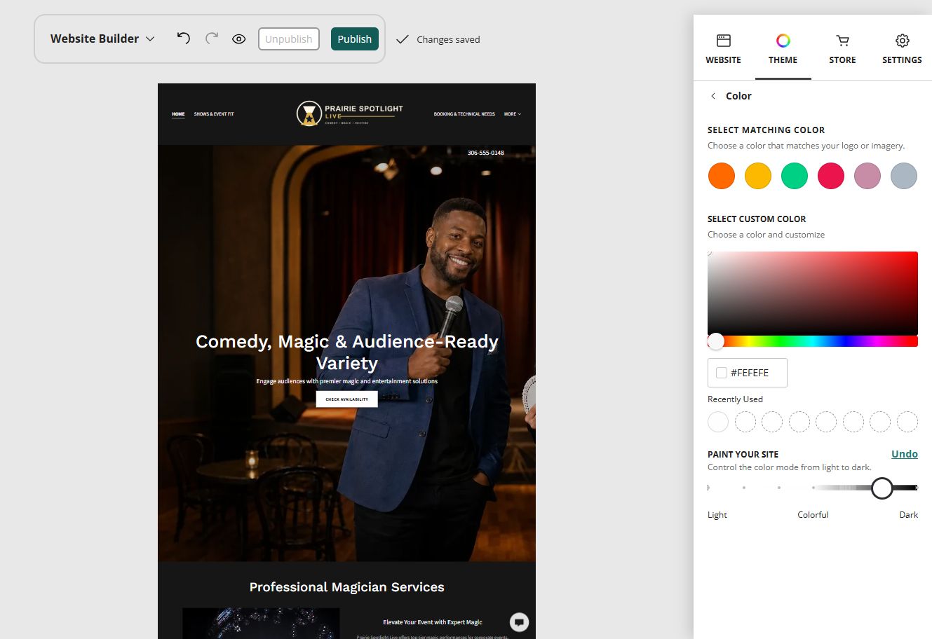 Prairie Spotlight Live home page in the Website Builder deep colour paint setting