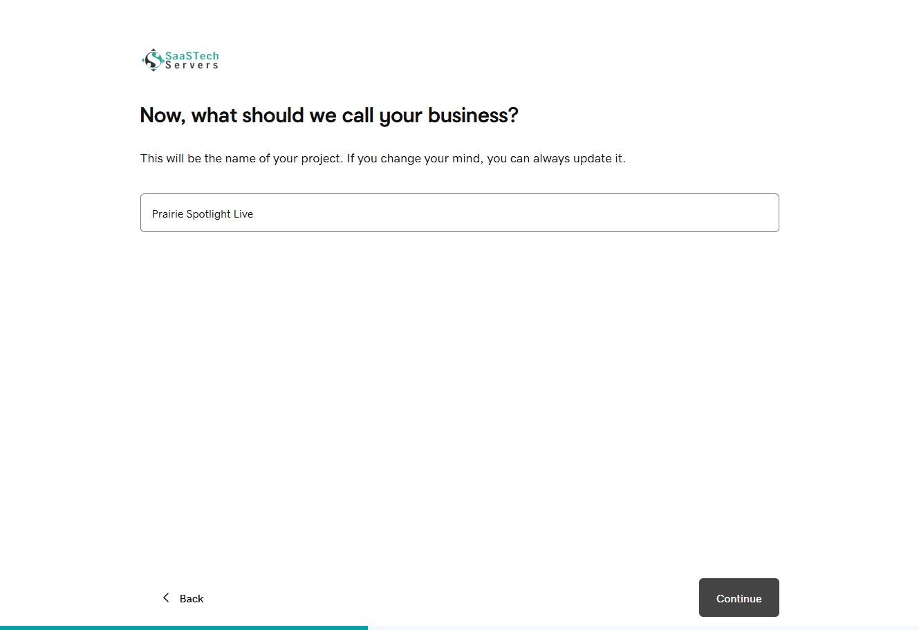 Prairie Spotlight Live entered as the business name in Website Builder