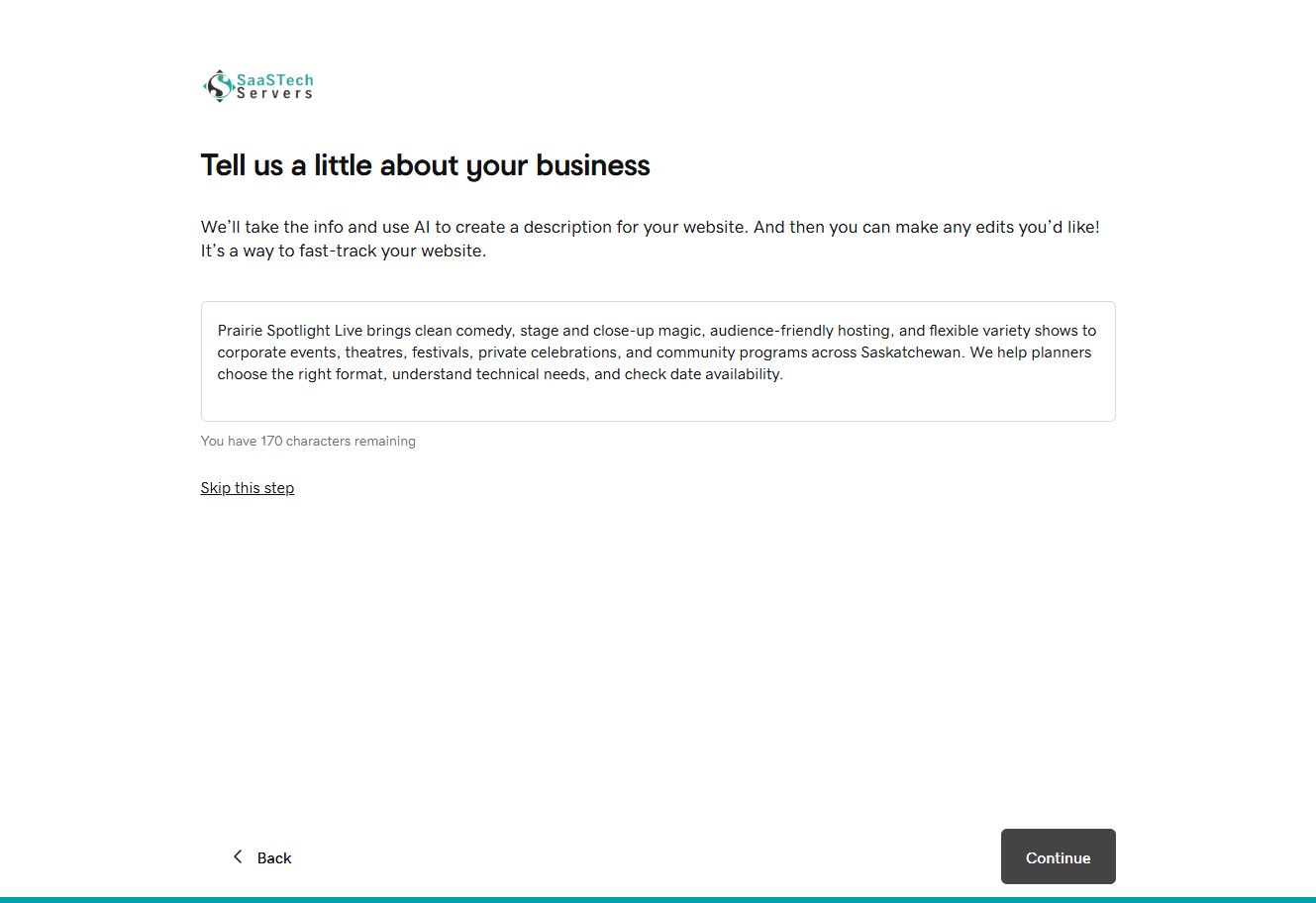 Prairie Spotlight Live business description completed in Website Builder