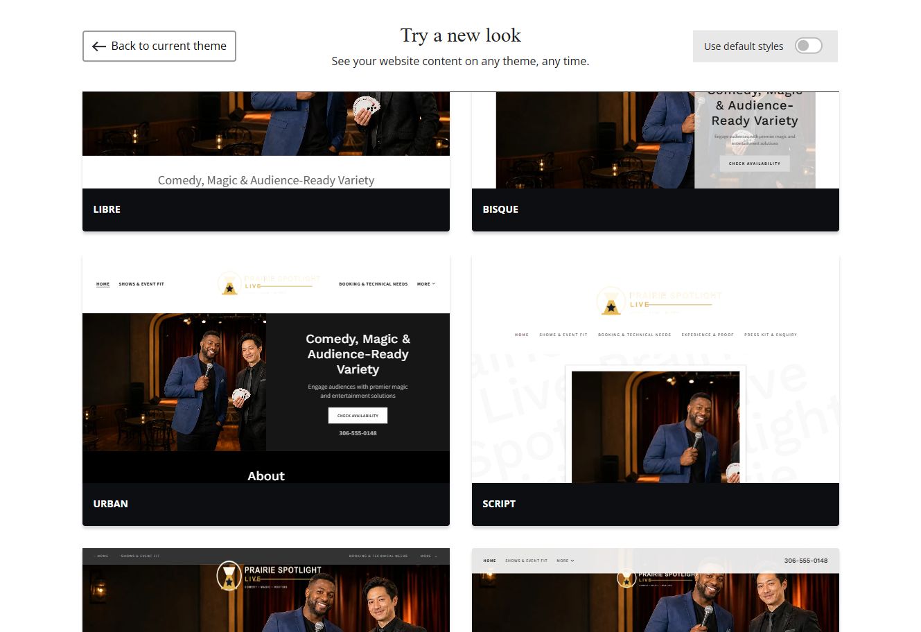 Website Builder chosen-colour theme previews for Prairie Spotlight Live, group 2