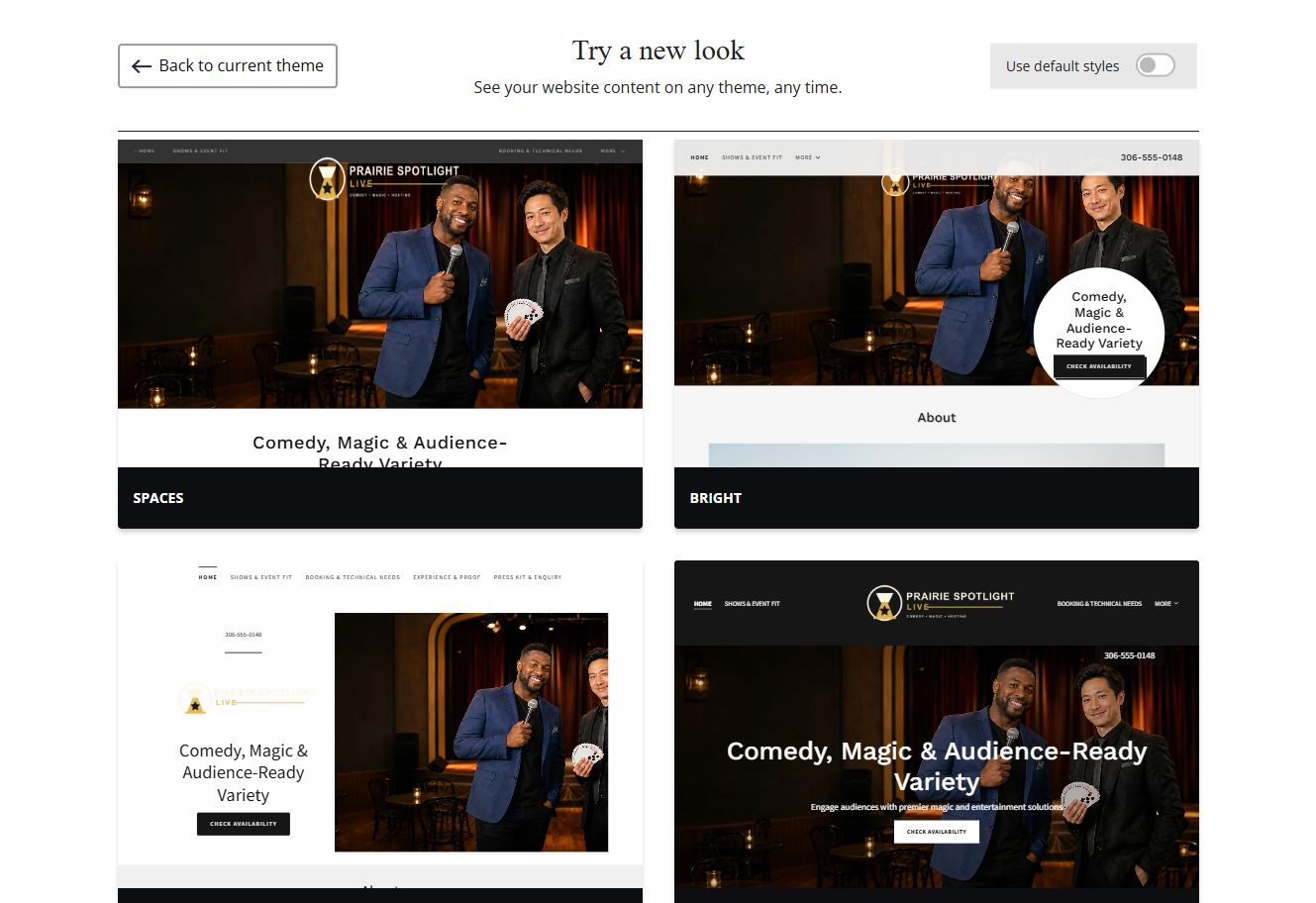 Website Builder chosen-colour theme previews for Prairie Spotlight Live, group 3