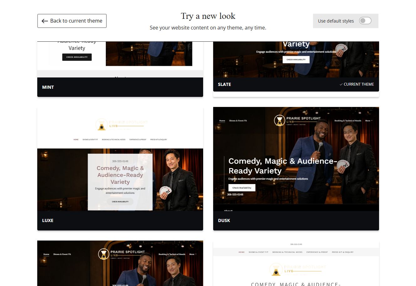 Website Builder chosen-colour theme previews for Prairie Spotlight Live, group 4