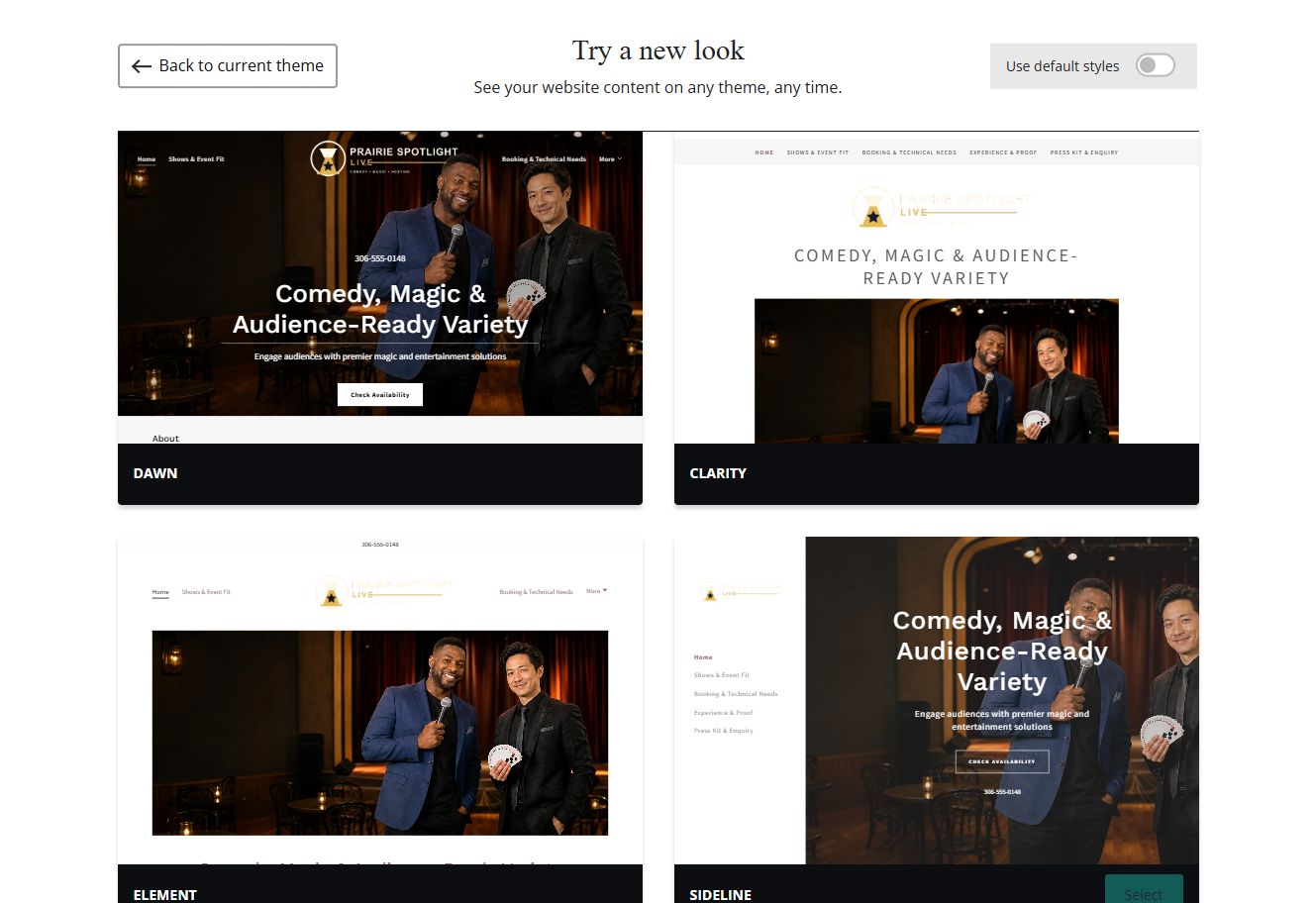Website Builder chosen-colour theme previews for Prairie Spotlight Live, group 5