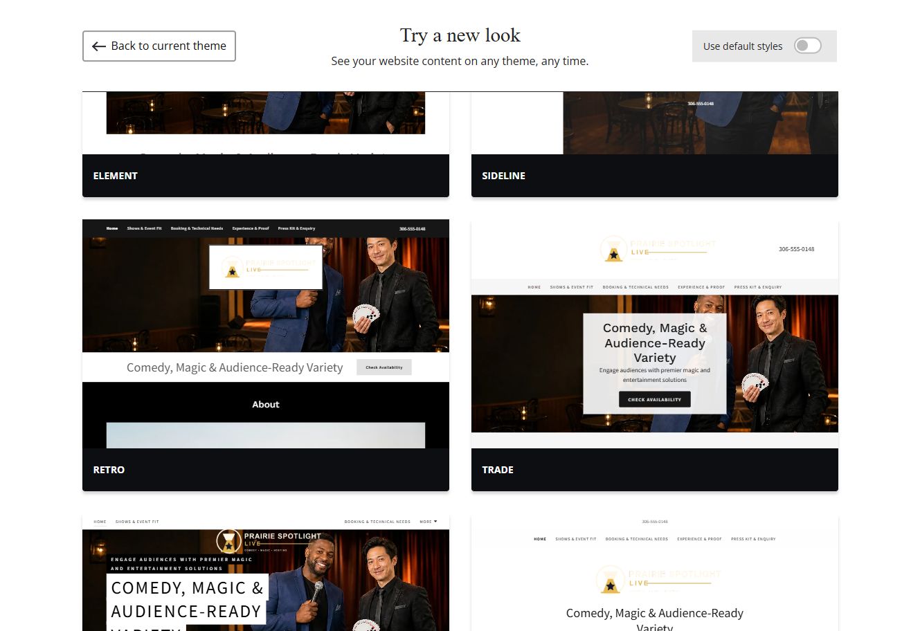 Website Builder chosen-colour theme previews for Prairie Spotlight Live, group 6