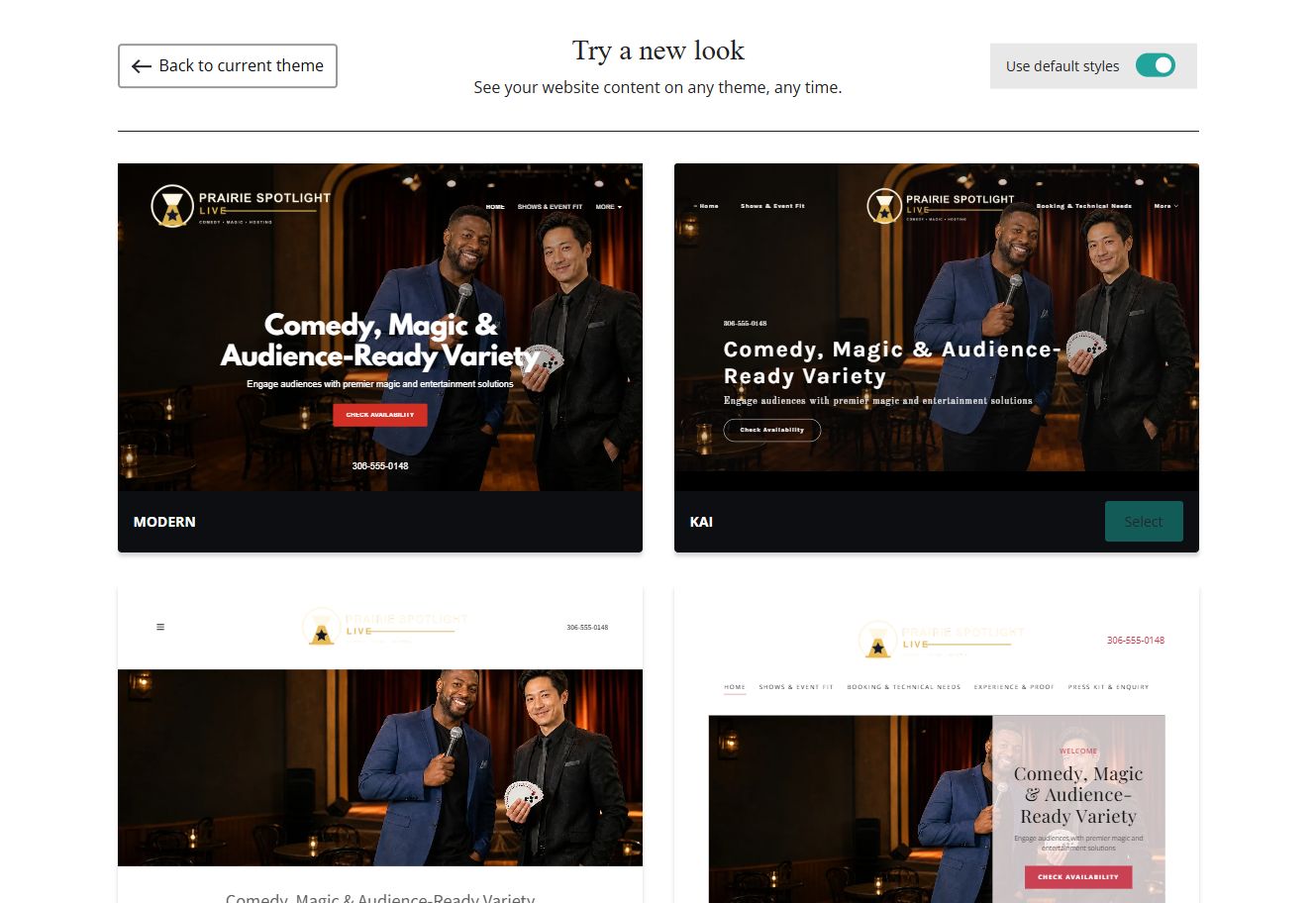 Website Builder default-style theme previews for Prairie Spotlight Live, group 1