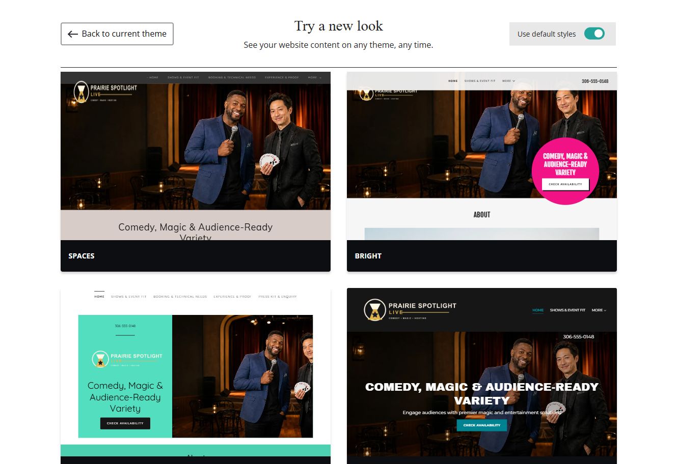 Website Builder default-style theme previews for Prairie Spotlight Live, group 3