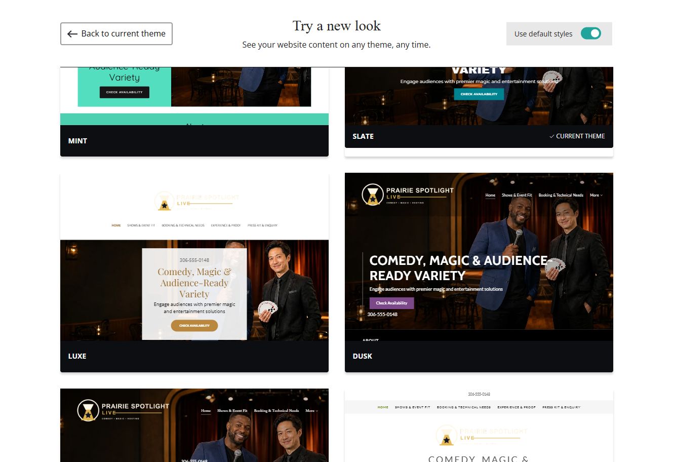 Website Builder default-style theme previews for Prairie Spotlight Live, group 4