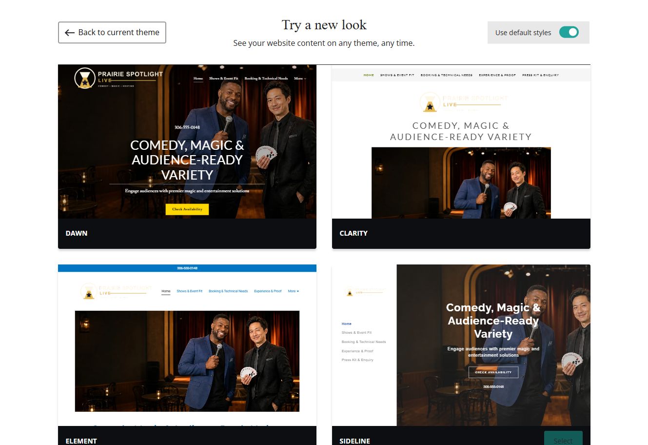 Website Builder default-style theme previews for Prairie Spotlight Live, group 5