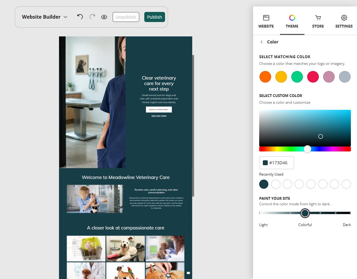 Website Builder theme colours for Meadowline Veterinary Care