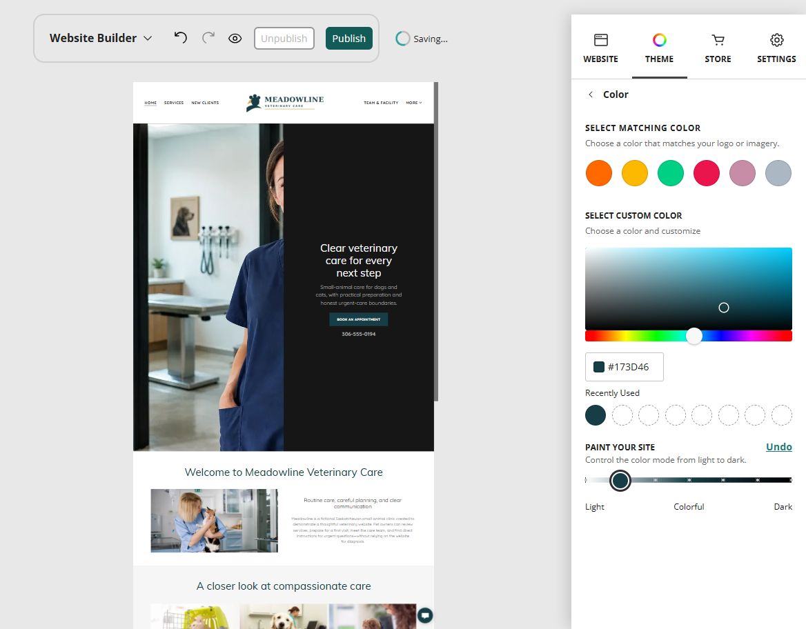 Meadowline Veterinary Care at Website Builder Paint slider position 2 of 7, light toward colourful