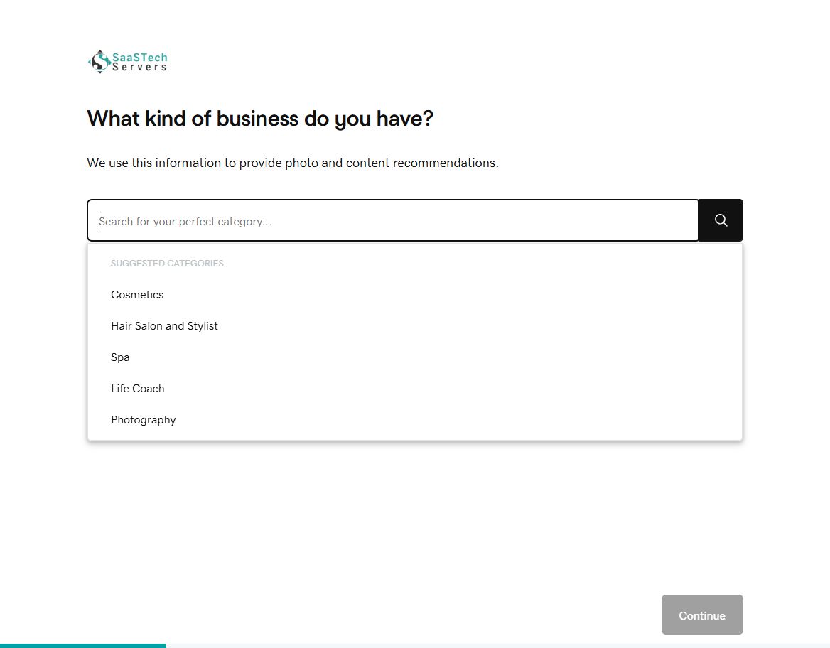Website Builder asking for a business category