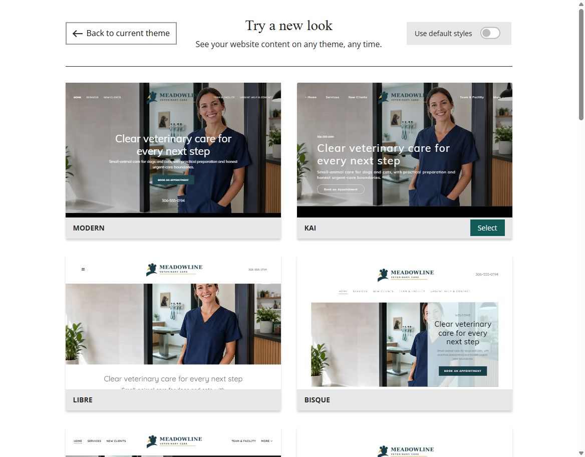 Website Builder selected-colour theme previews for Meadowline Veterinary Care, group 1