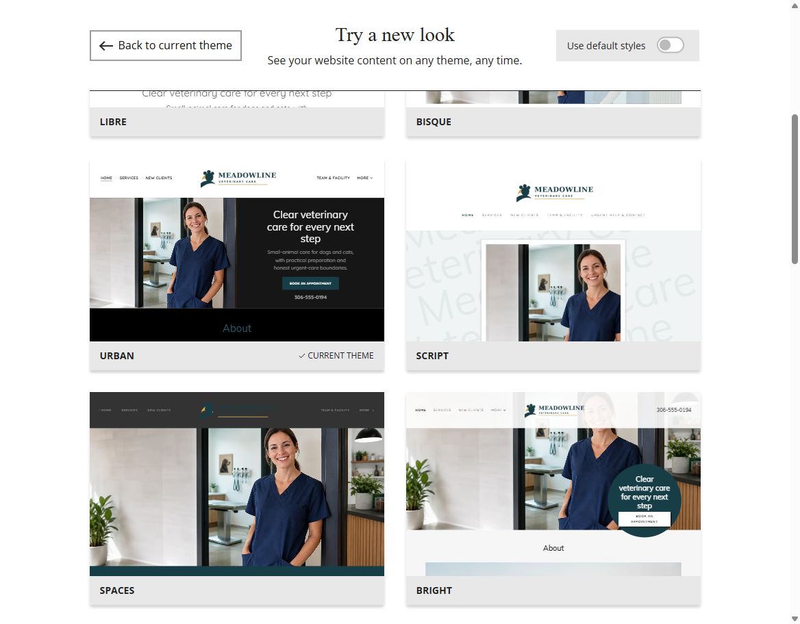 Website Builder selected-colour theme previews for Meadowline Veterinary Care, group 2