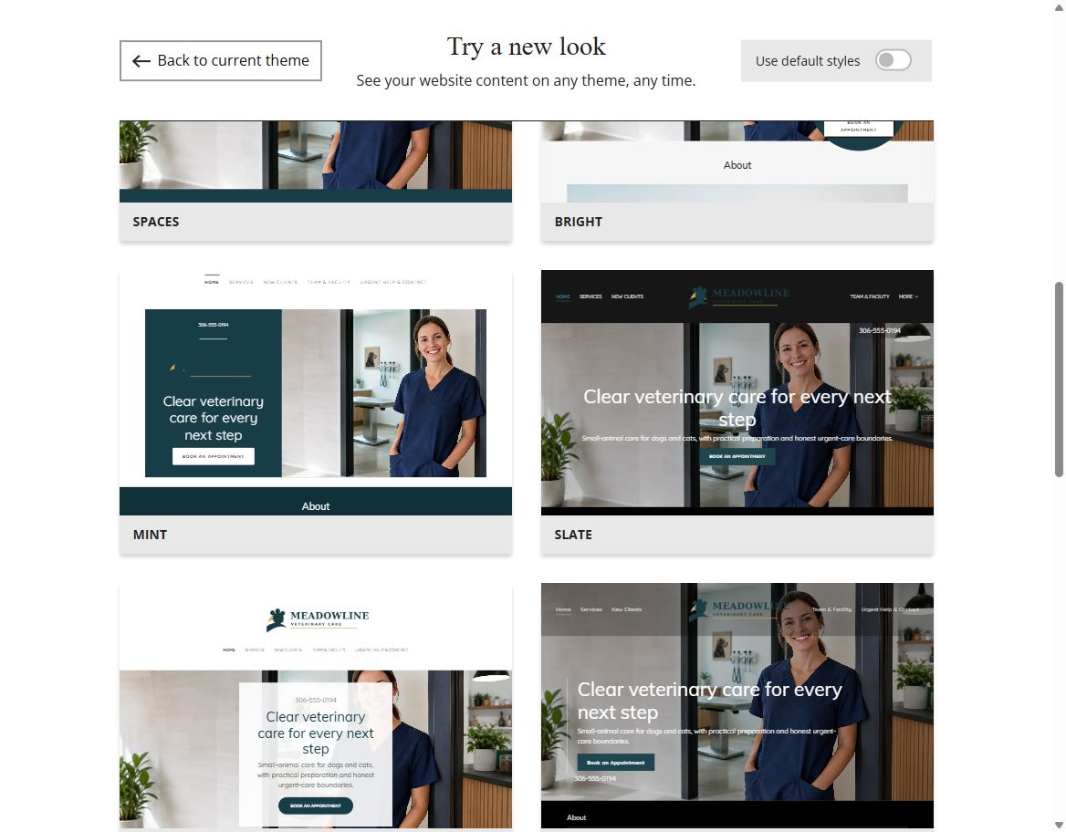 Website Builder selected-colour theme previews for Meadowline Veterinary Care, group 3