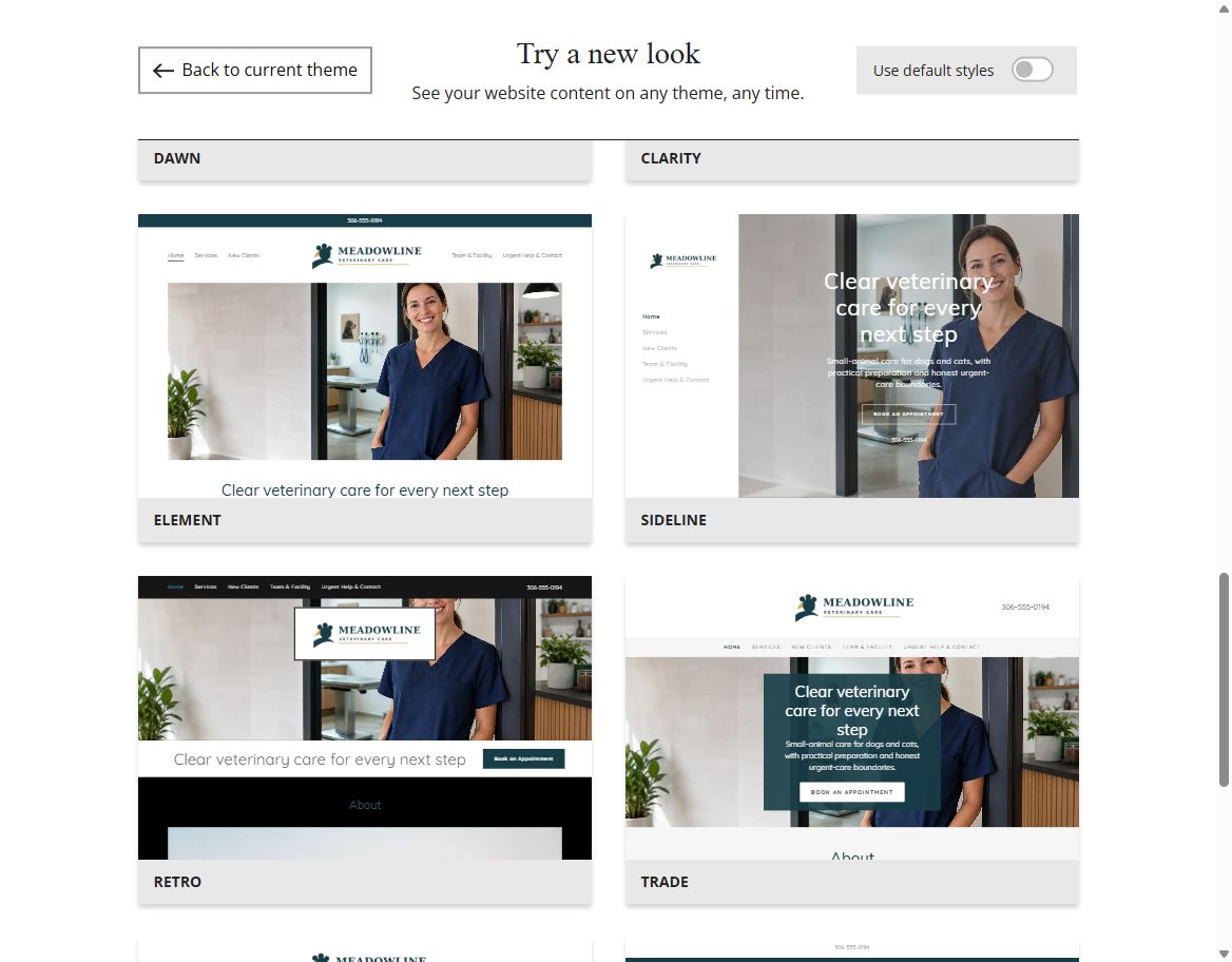 Website Builder selected-colour theme previews for Meadowline Veterinary Care, group 5