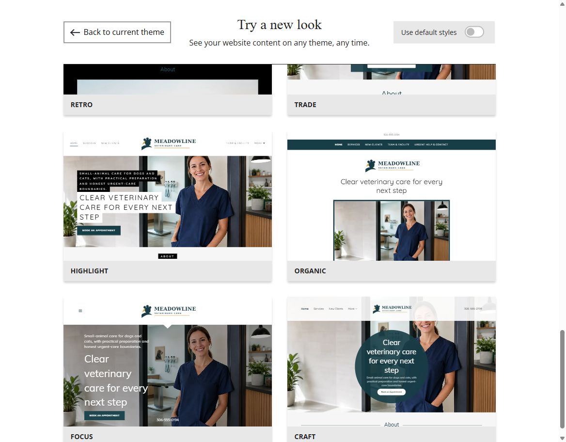 Website Builder selected-colour theme previews for Meadowline Veterinary Care, group 6