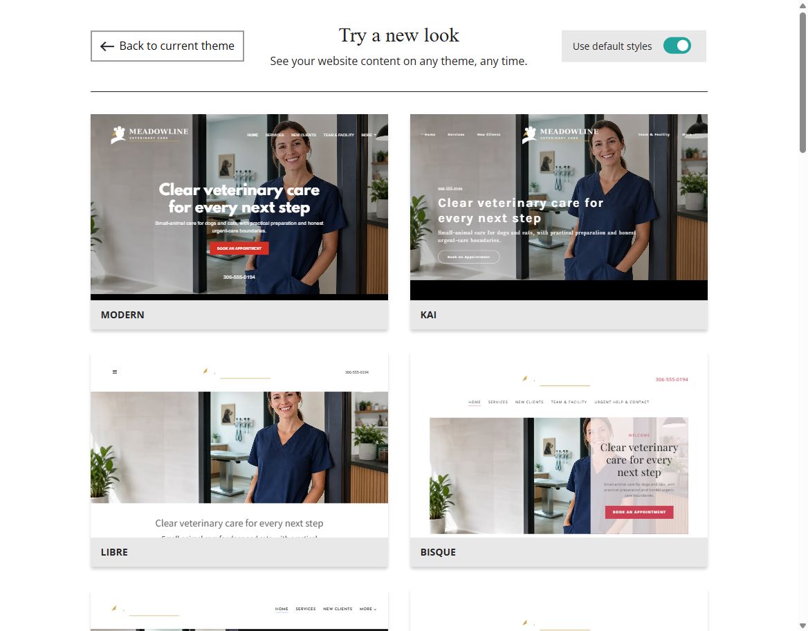Website Builder default-style theme previews for Meadowline Veterinary Care, group 1