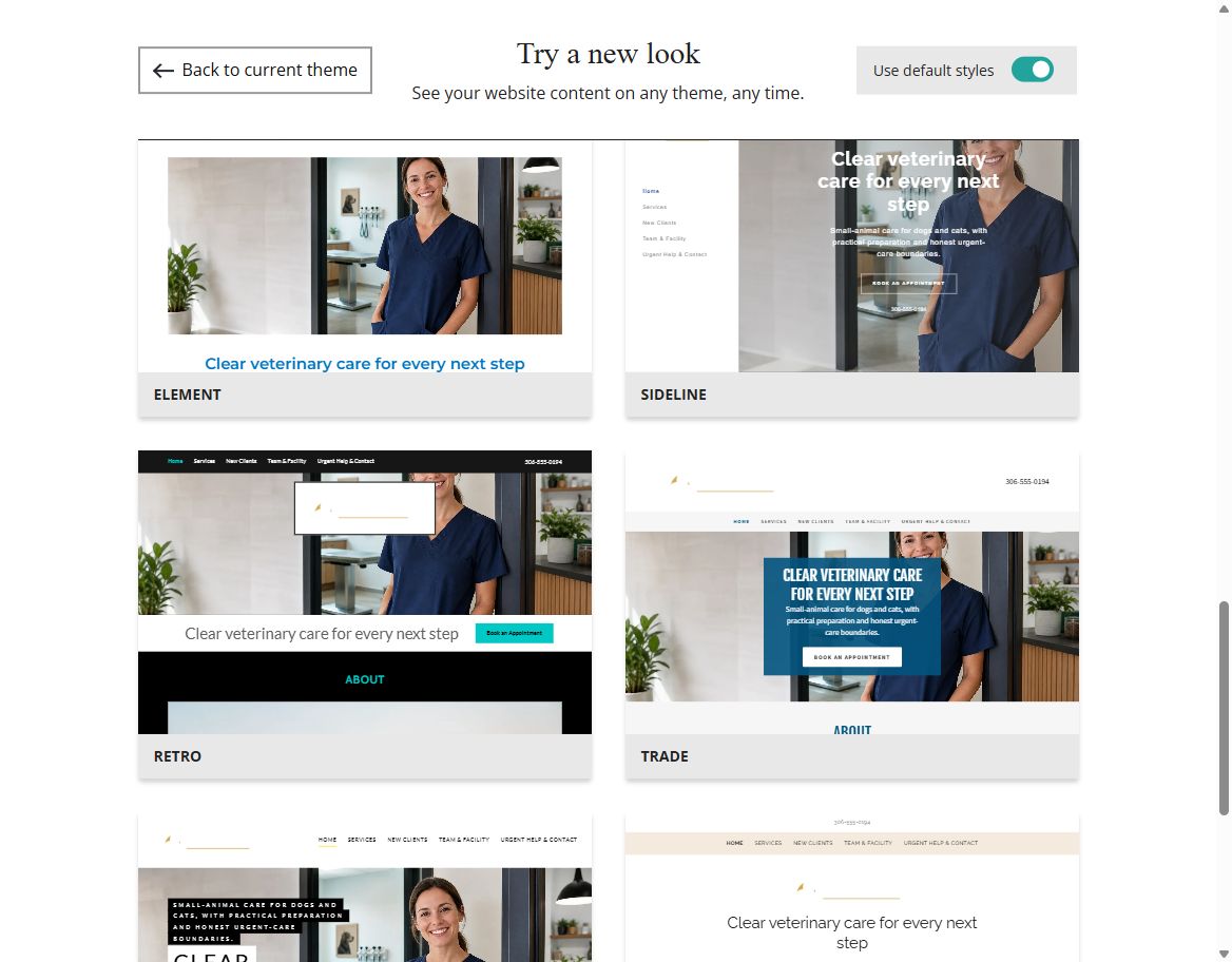 Website Builder default-style theme previews for Meadowline Veterinary Care, group 5