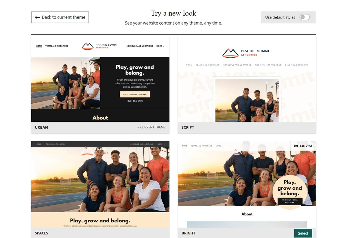 Website Builder theme previews for Prairie Summit Athletics using its chosen colours, group 3