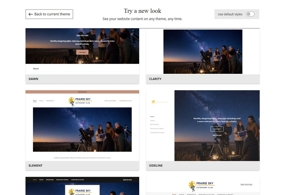 Website Builder theme previews for Prairie Sky Astronomy Club using its chosen colours, group 7