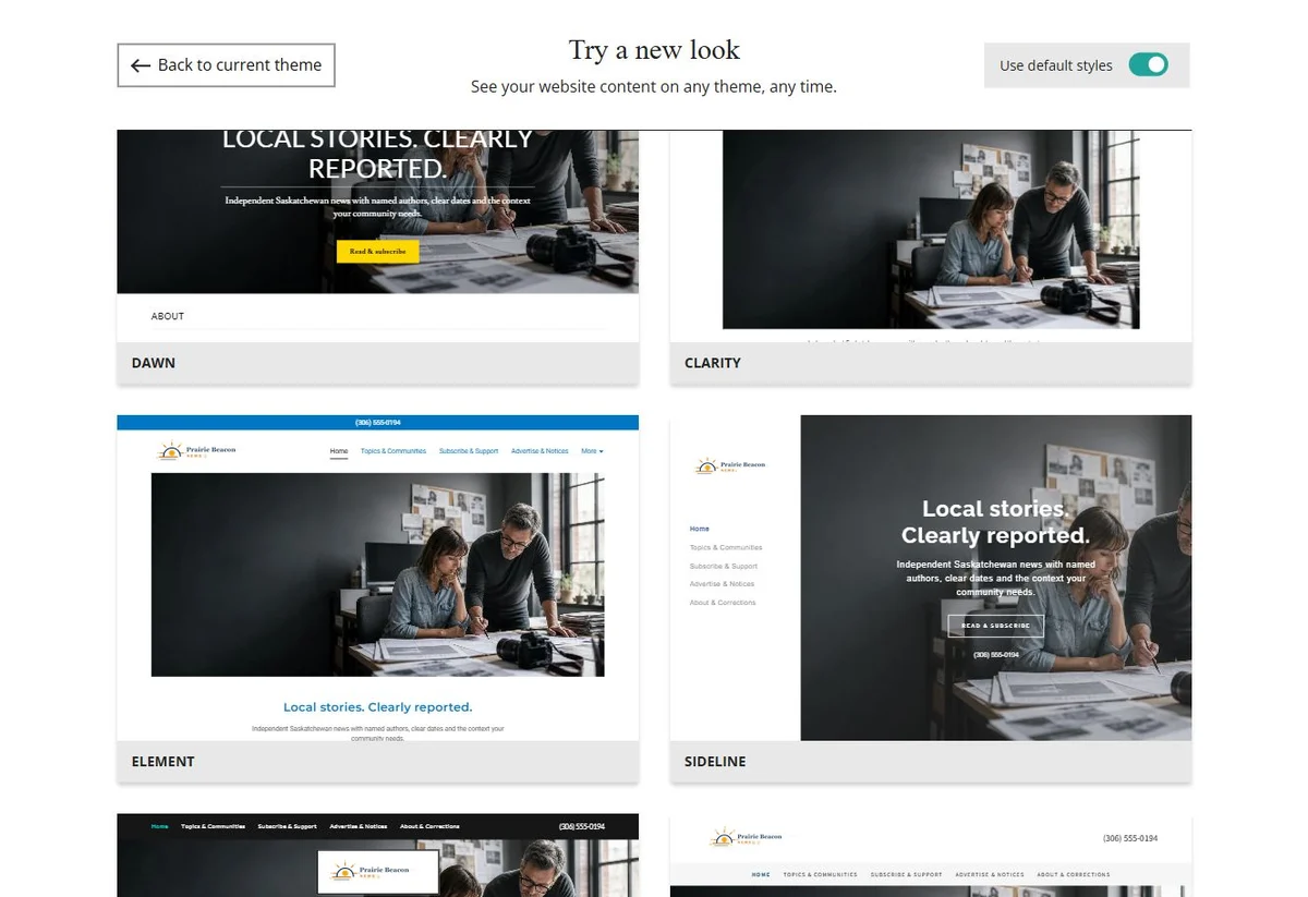 Website Builder theme previews for Prairie Beacon News using default styles, group 7