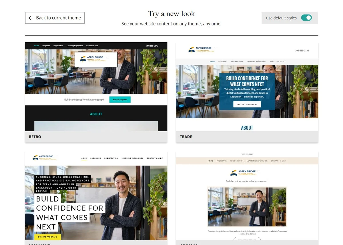 Website Builder theme previews for Aspen Bridge Learning Centre using default styles, group 7