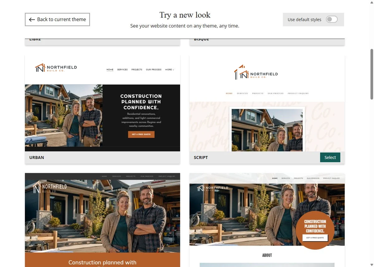 Urban, Script, Spaces and Bright Website Builder previews using Northfield Build Co.'s selected copper colour