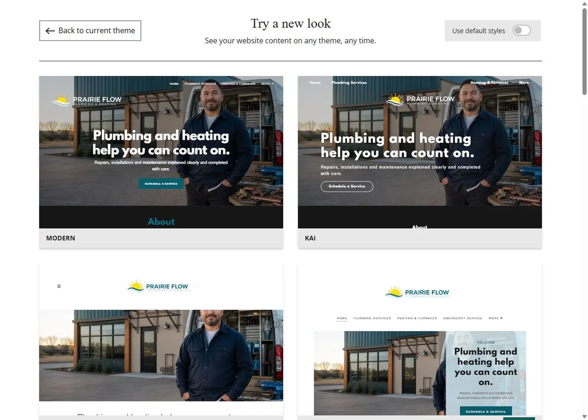 Prairie Flow selected-colour theme previews, set 1