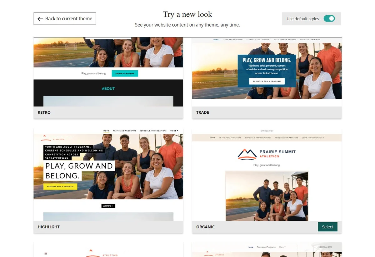 Website Builder theme previews for Prairie Summit Athletics using default styles, group 9