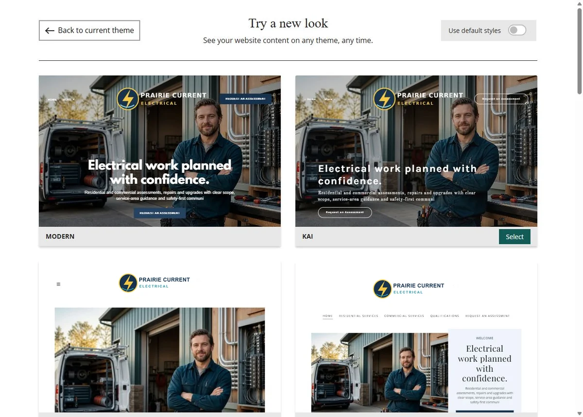 Modern, Kai, Libre and Bisque Website Builder previews using Prairie Current Electrical's chosen navy colour