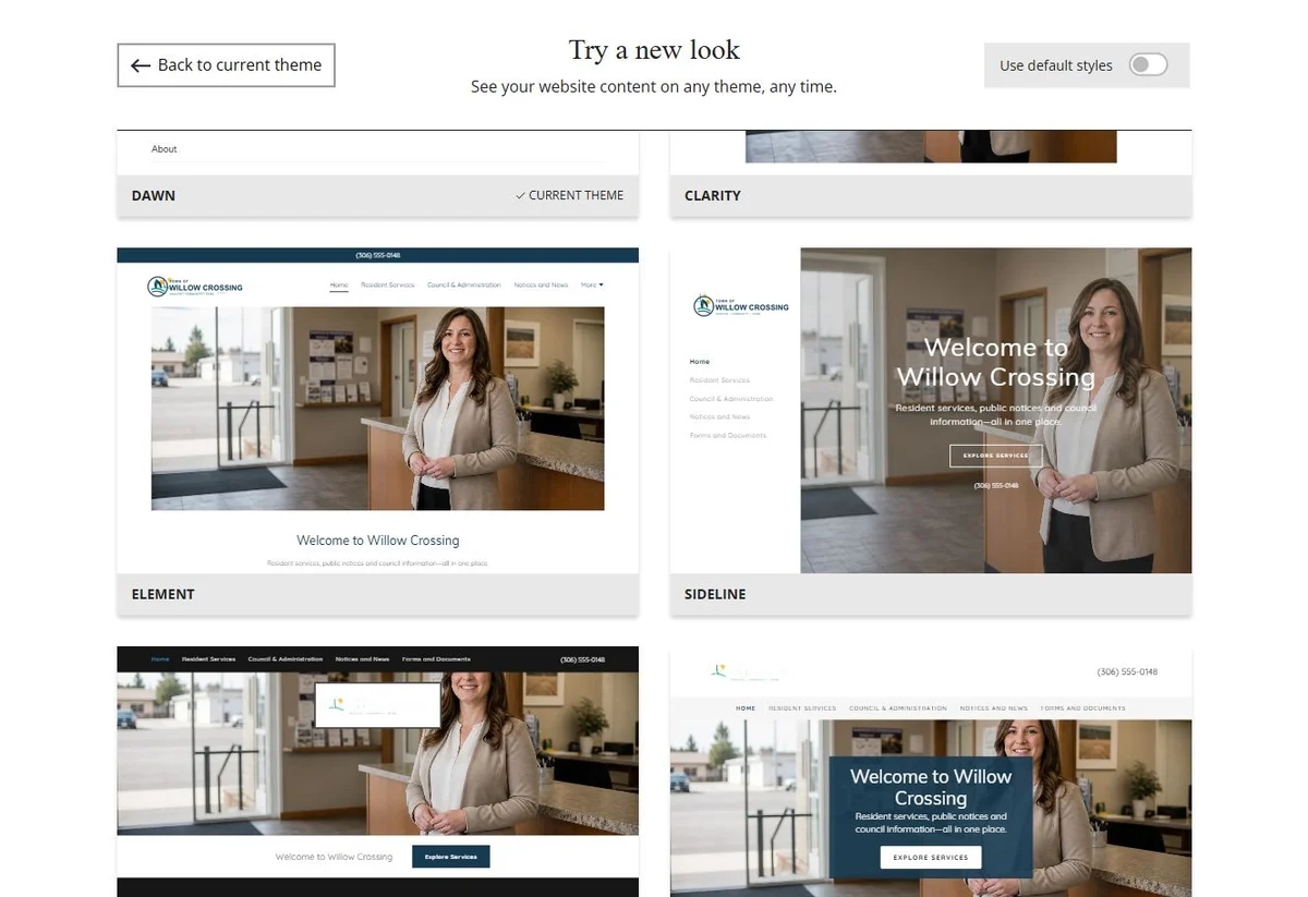 Website Builder theme previews for Town of Willow Crossing using its chosen colours, group 6