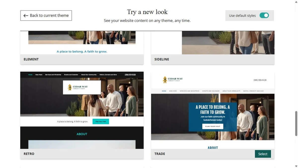 Website Builder theme previews for Cedar Way Community Church using default styles, group 6