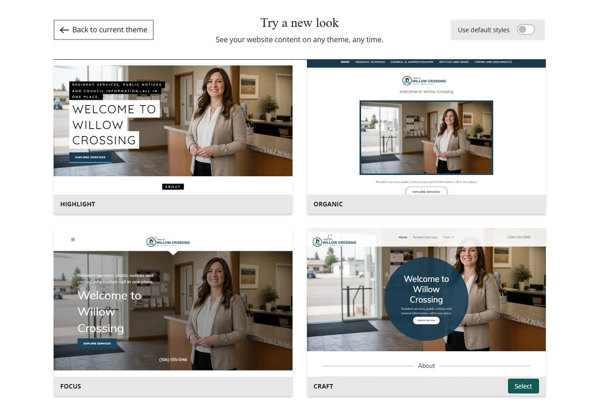 Website Builder theme previews for Town of Willow Crossing using its chosen colours, group 8