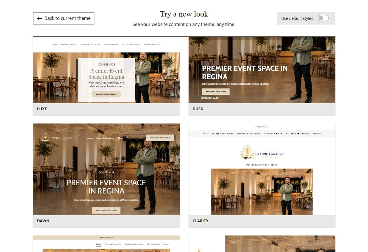 Website Builder theme previews for Prairie Lantern Event Hall, chosen-colour group 6