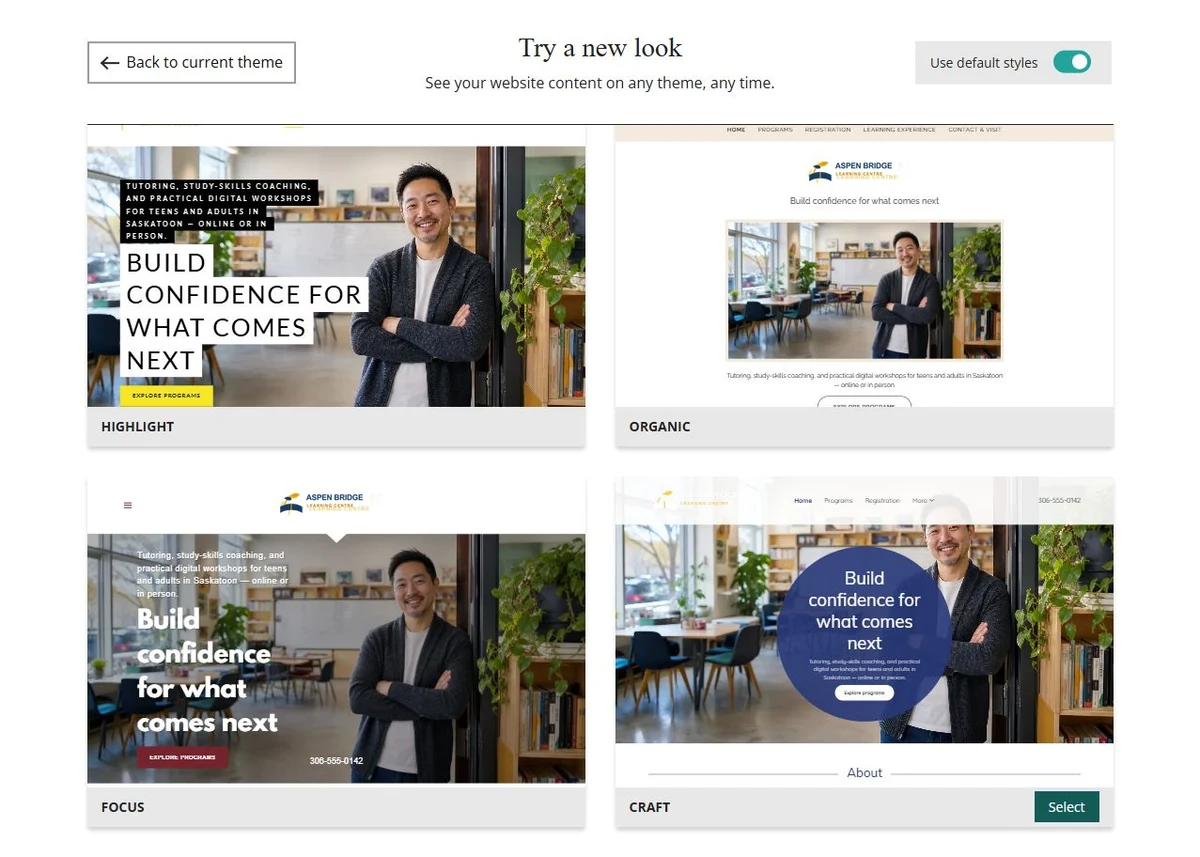 Website Builder theme previews for Aspen Bridge Learning Centre using default styles, group 8
