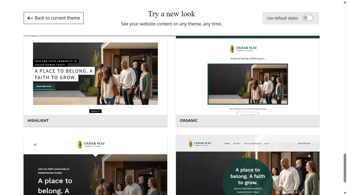 Website Builder theme previews for Cedar Way Community Church using chosen colours, group 7