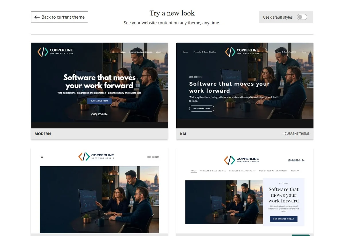 Website Builder chosen-colour theme previews for Copperline Software Studio, group 1